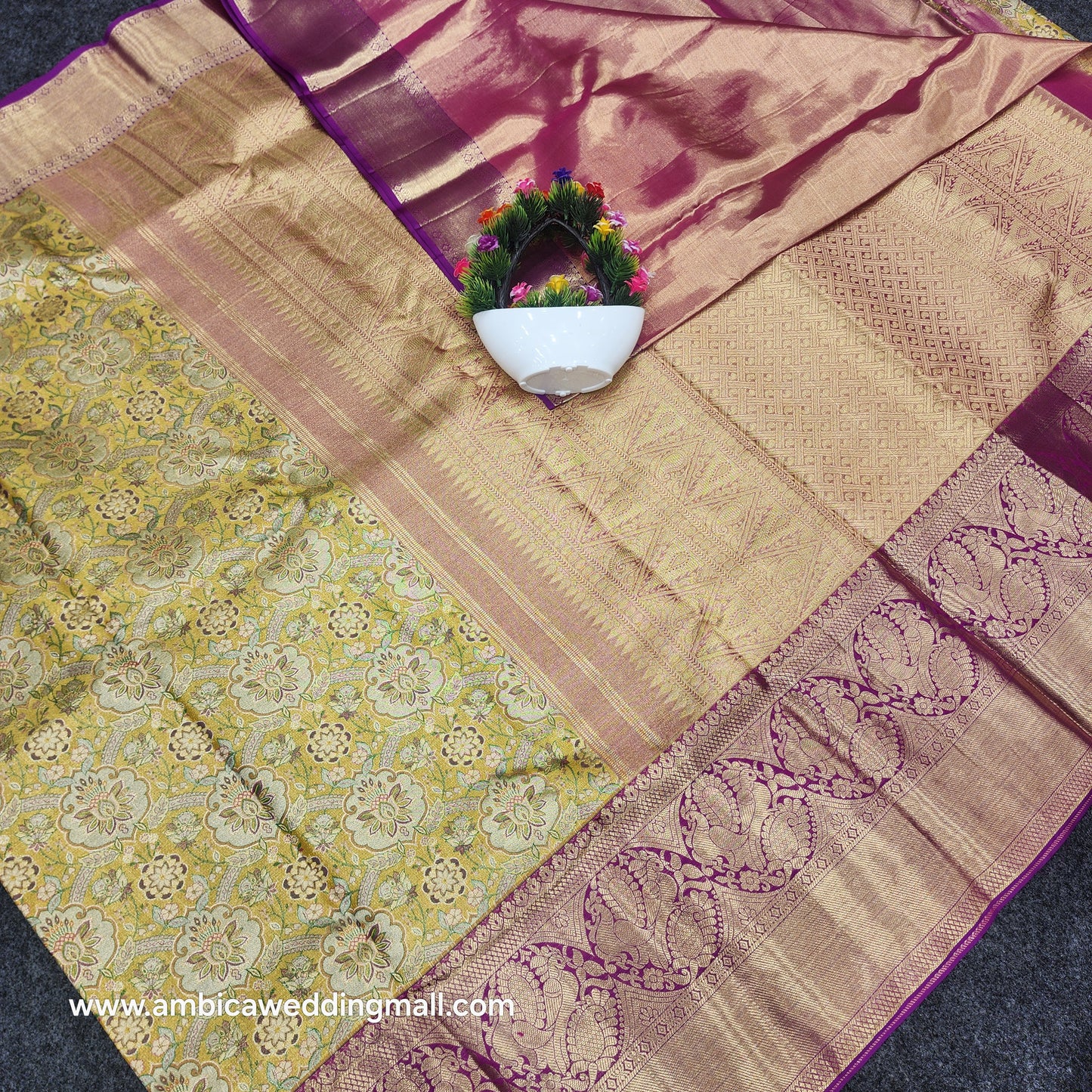 Kanchi Pattu bridal Gold Saree - Ambica Wedding Mall
