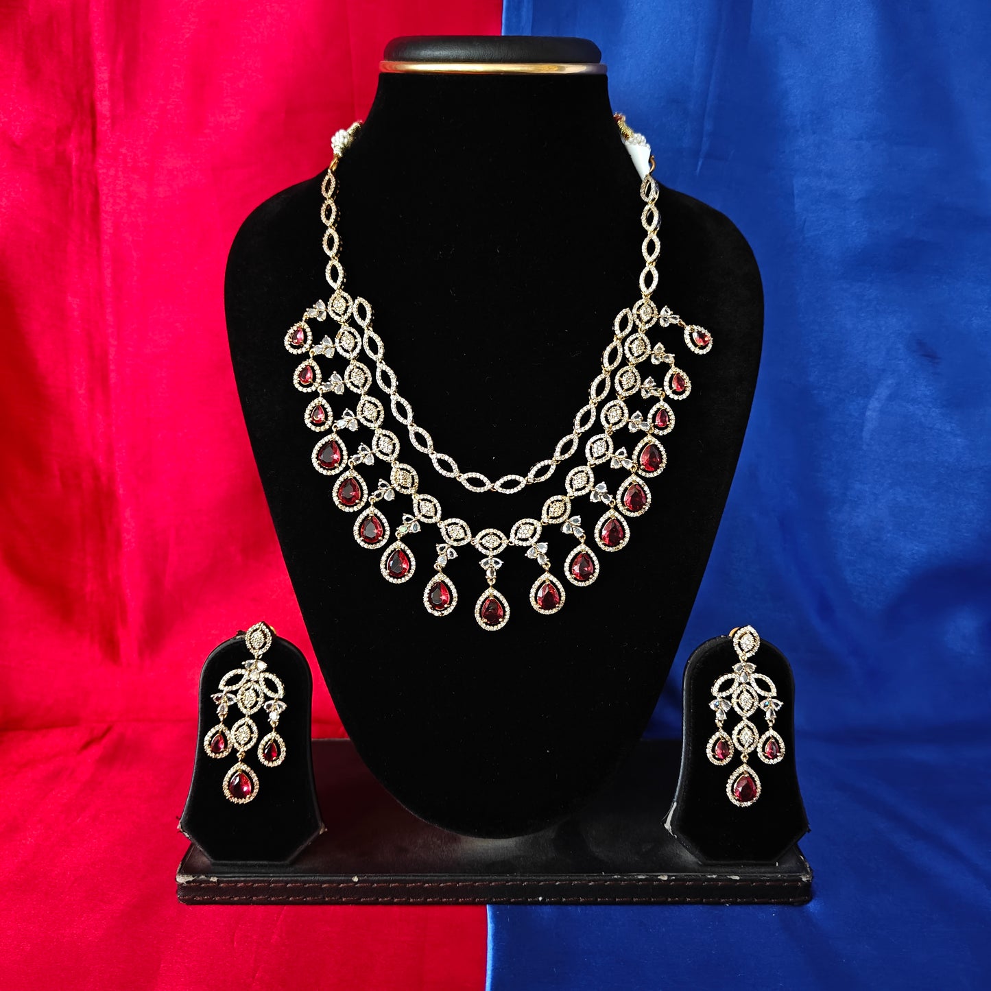 Beautiful Victorian Layered Long Necklace In Red Stone
