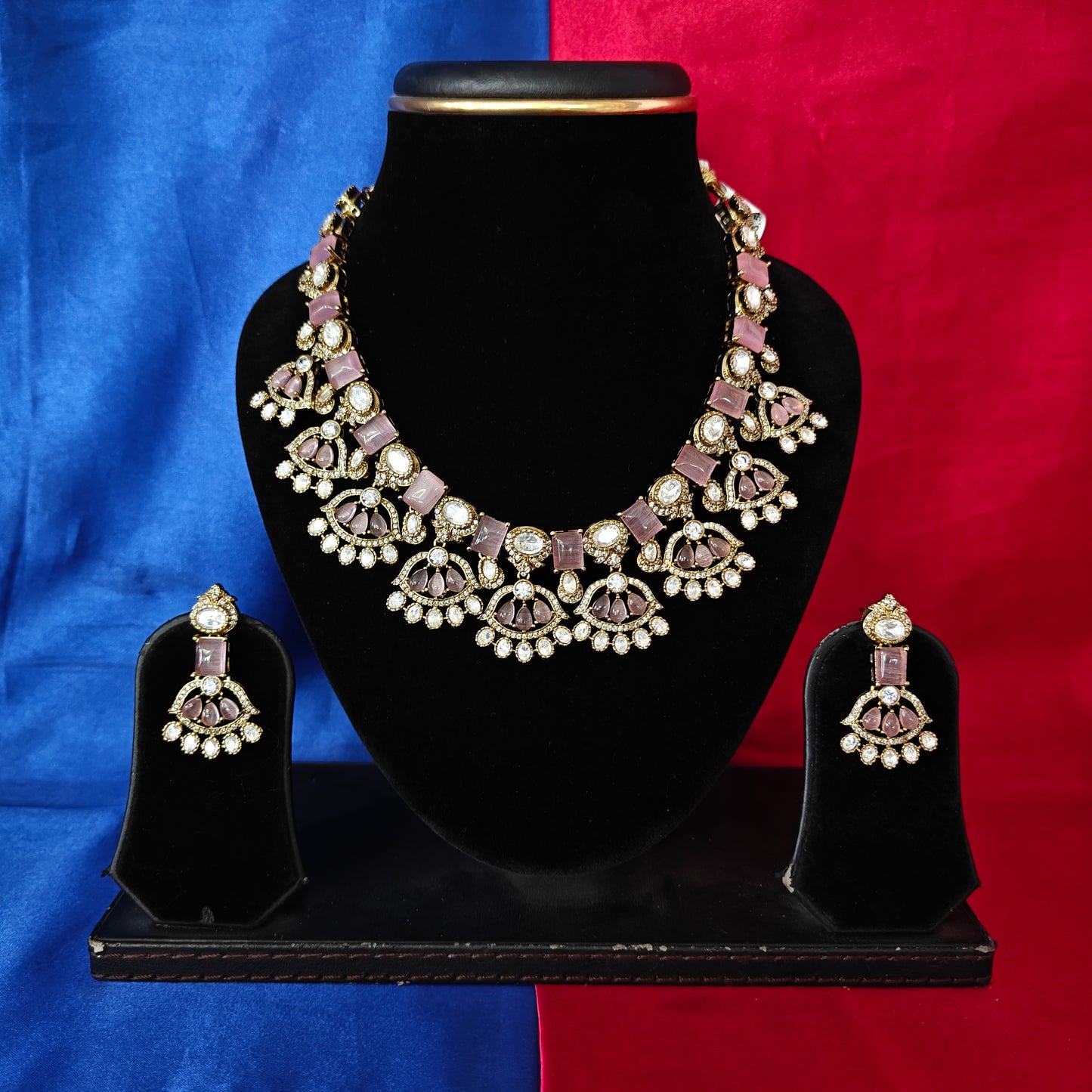 Beautiful Victorian Short Necklace In Baby Pink Stone - Ambica Wedding Mall