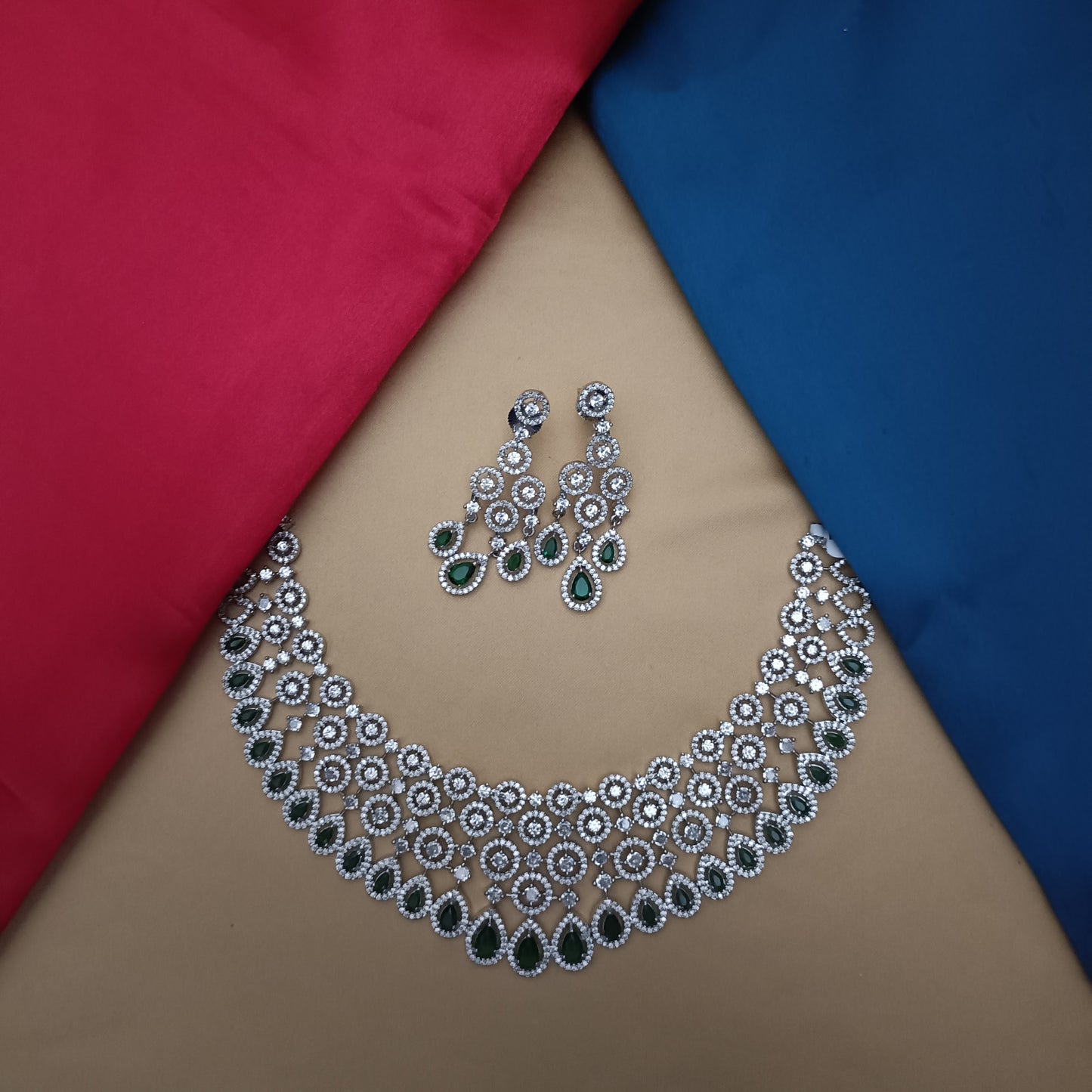 Elegant AD Short Necklace In Green Stone