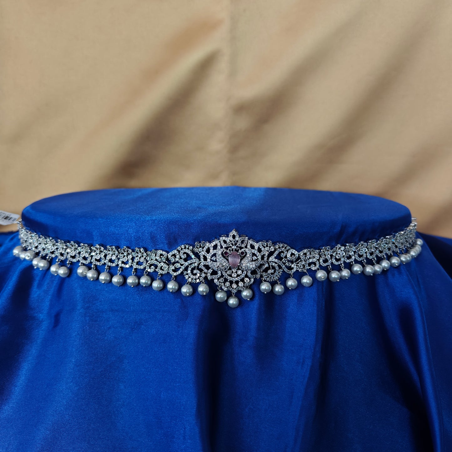 Beautiful Silver Chain Type Vaddanam In Baby Pink Stone