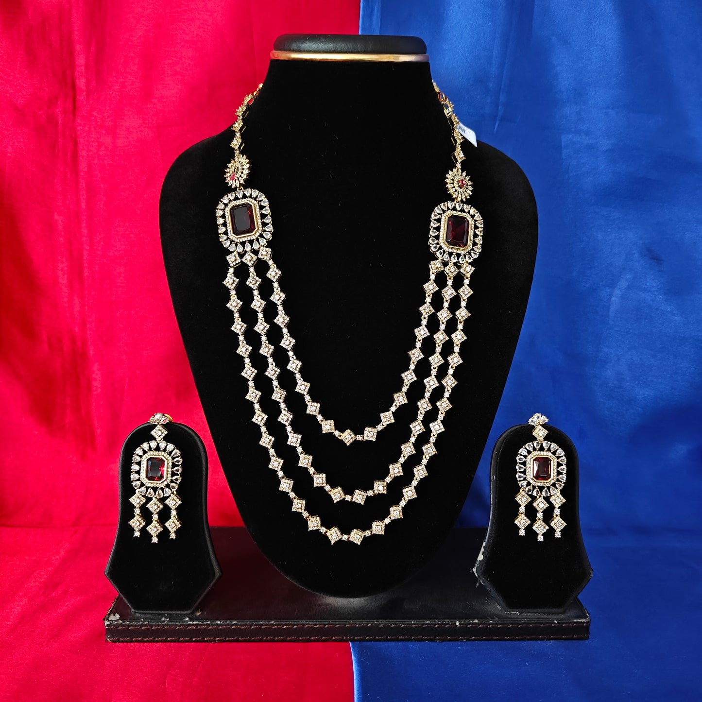 Beautiful Victorian Layered Long Necklace In Maroon Stone
