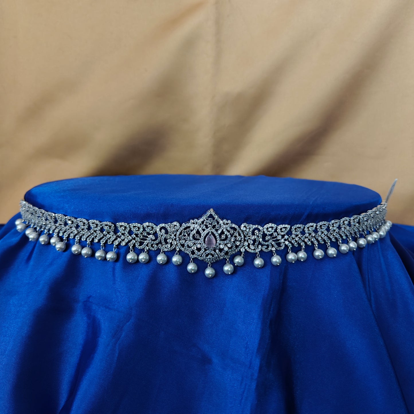 Beautiful Silver Chain Type Vaddanam In Baby Pink Stone