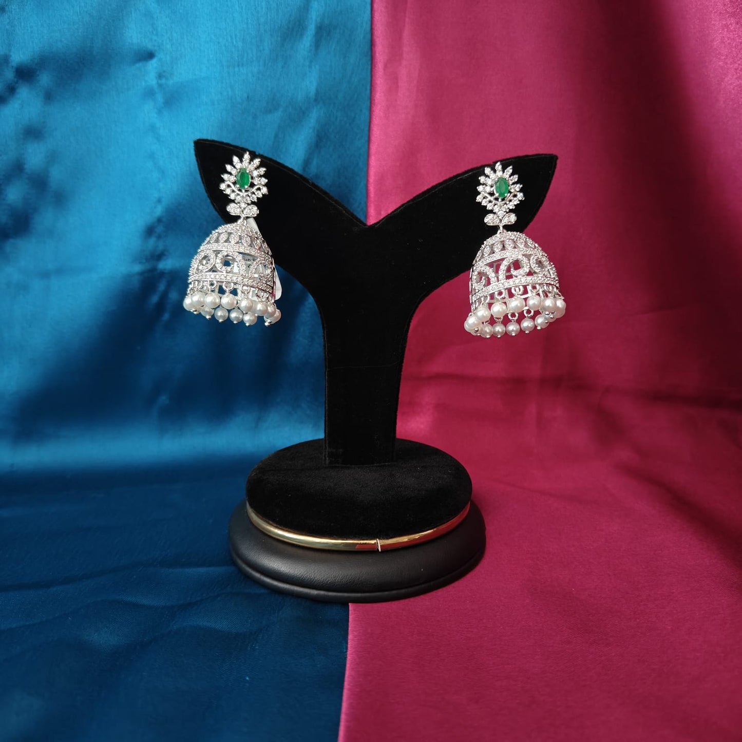 Beautiful Silver Jhumki In Green Stone