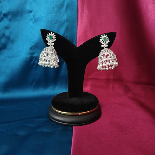 Beautiful Silver Jhumki In Green Stone