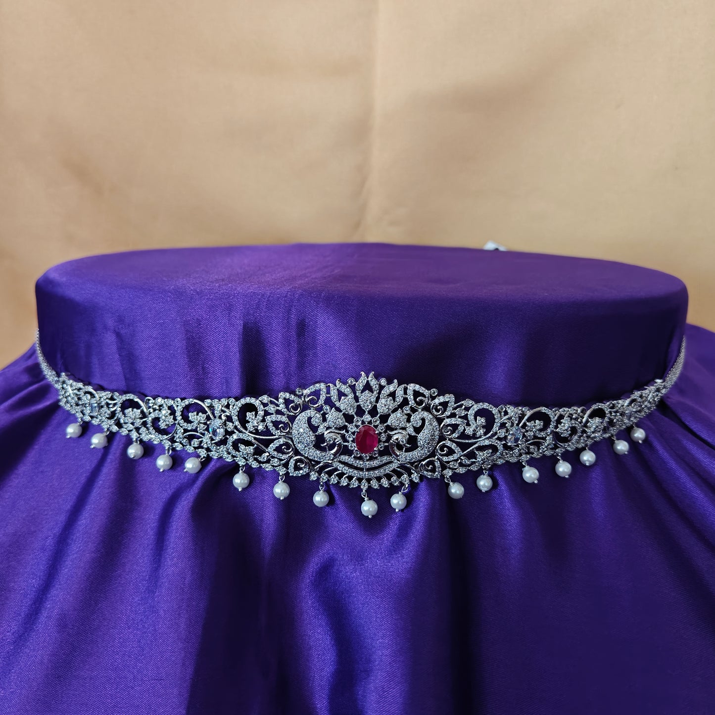 Beautiful Silver Chain Type Vaddanam In Ruby Stone