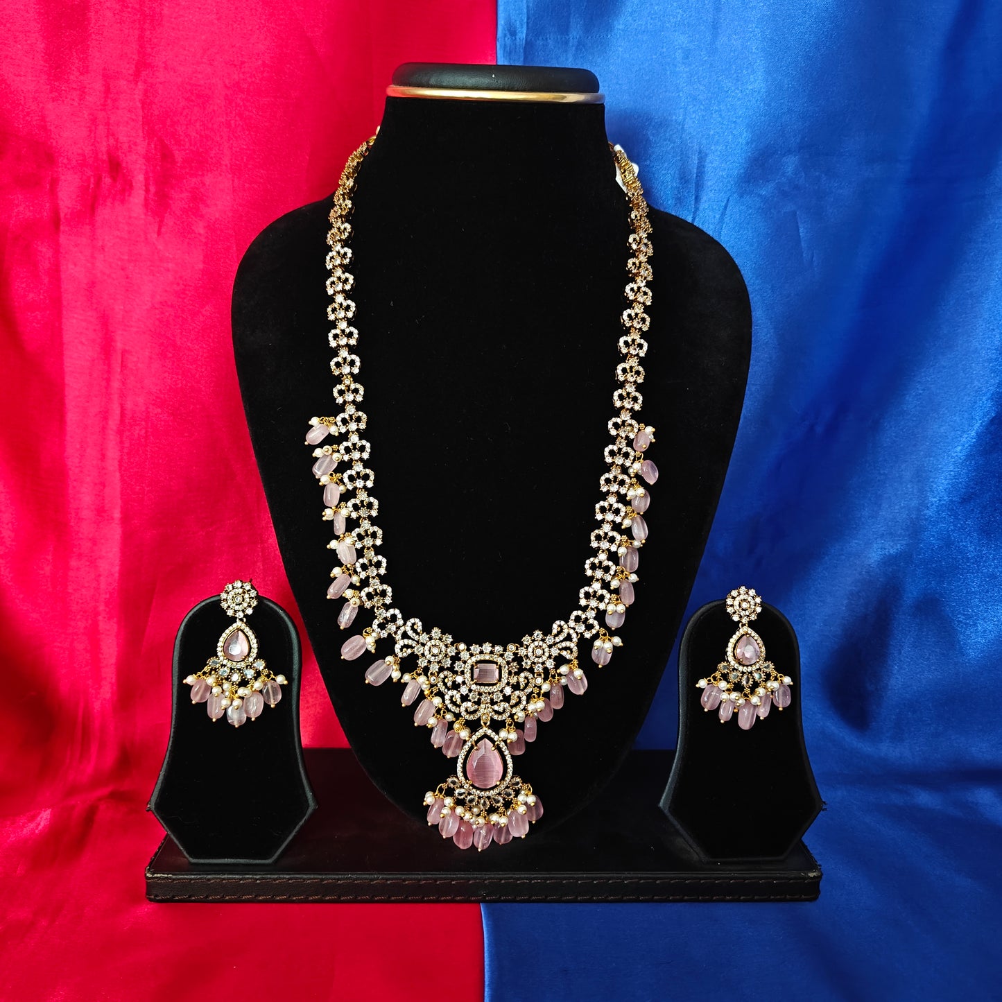 Elegant Victorian Long Necklace In Baby Pink Beads