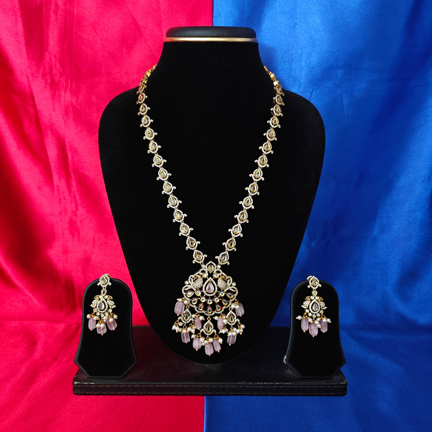 Elegant Victorian Long Necklace In Baby Pink Colour