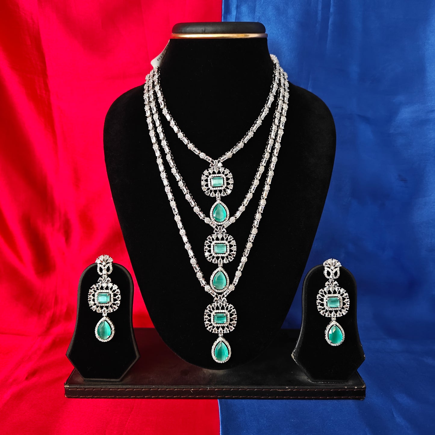 Beautiful Silver Layered Long Necklace In Pista Green