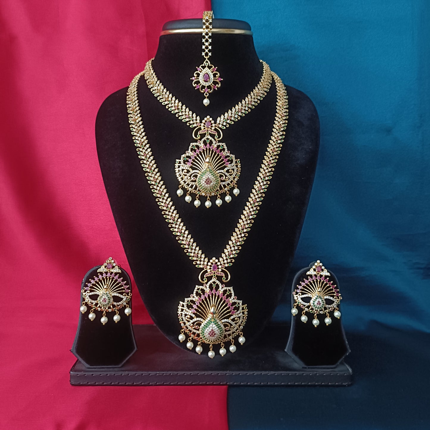 Beautiful CZ Combo Set In Peacock Design