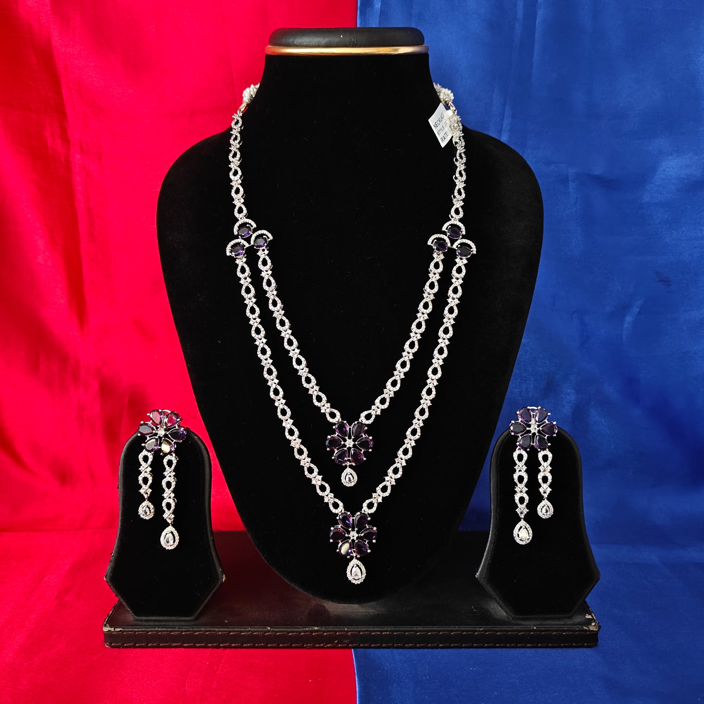 Beautiful Silver Layered Long Necklace In Purple Stone