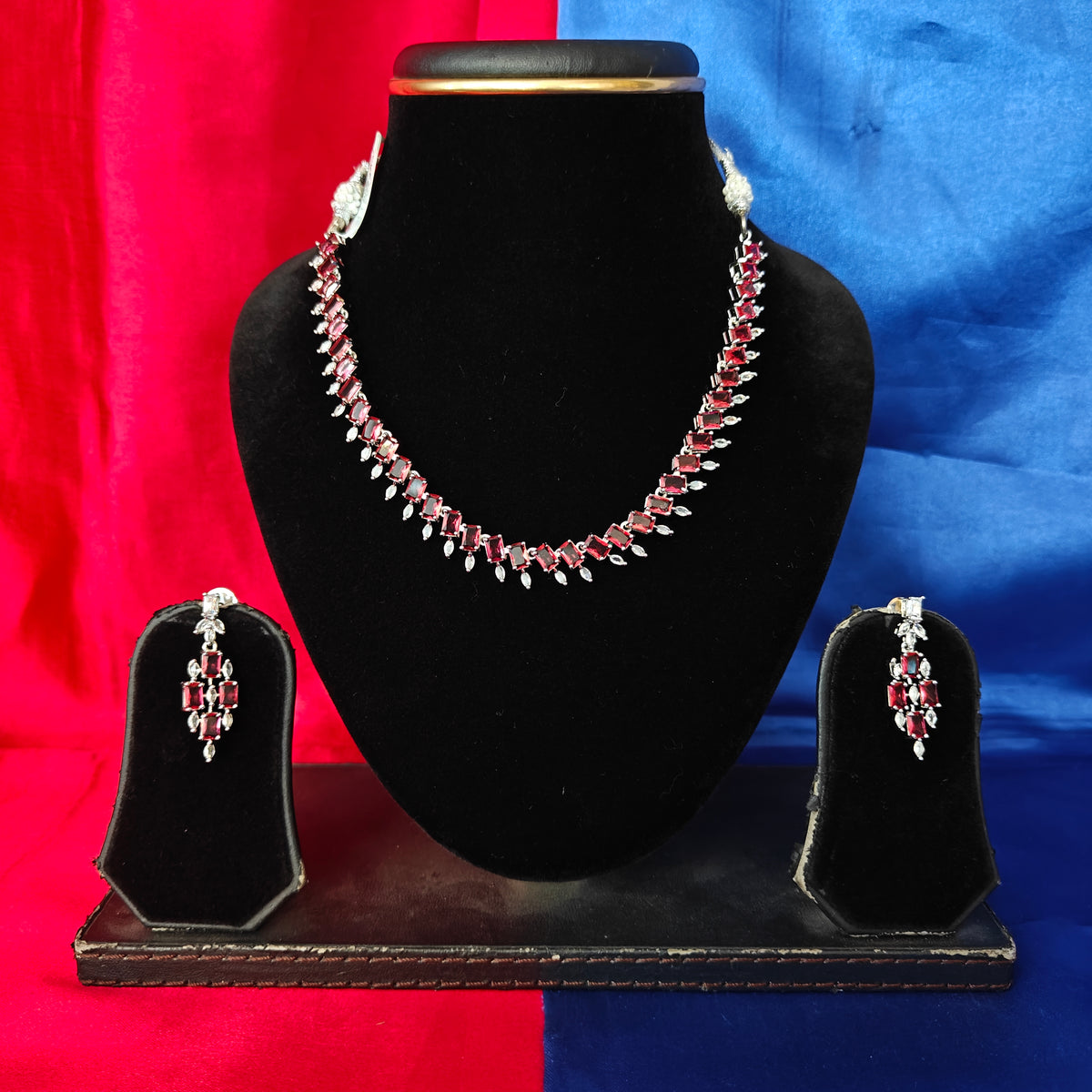 Elegant AD Short Necklace In Maroon Coloured Stone