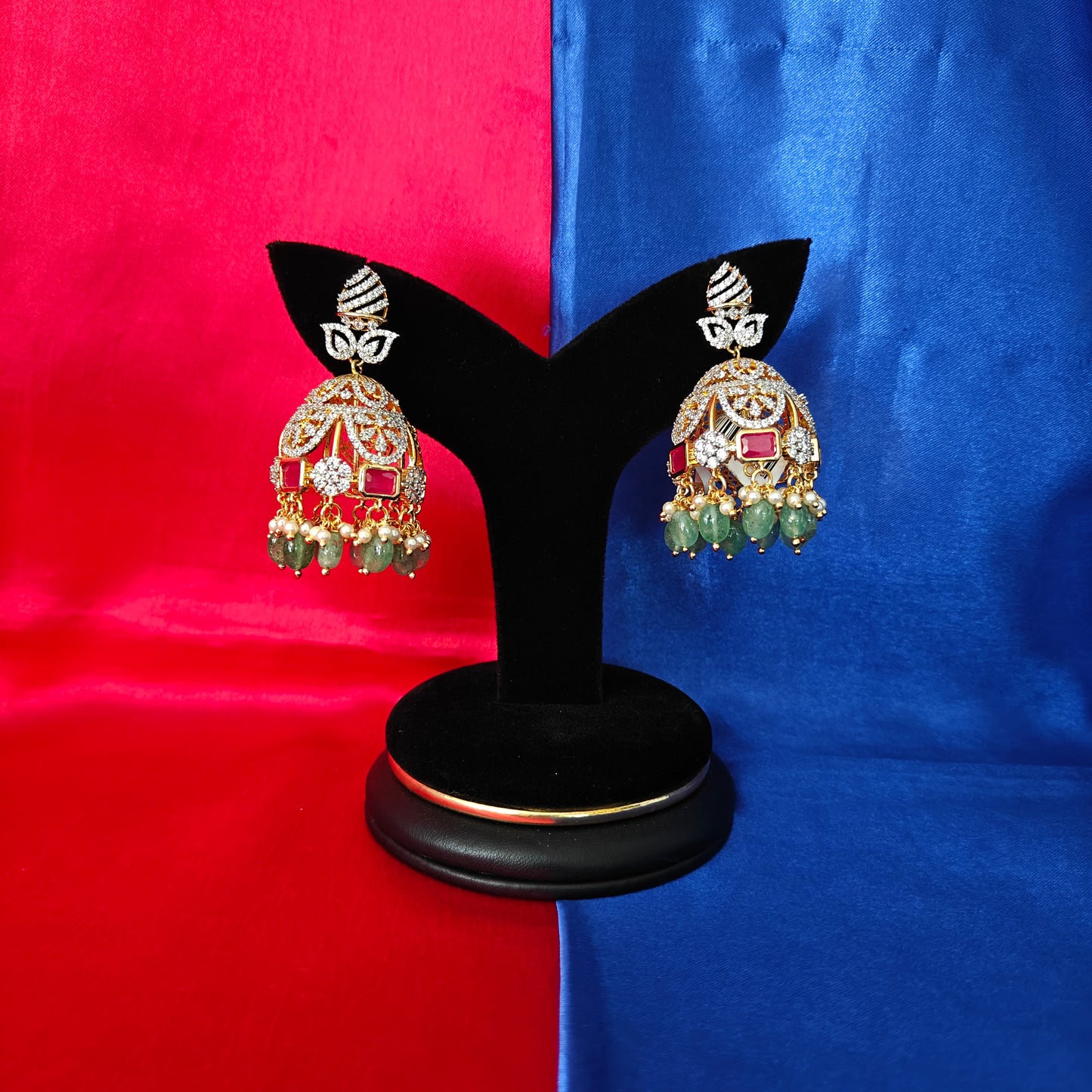 Beautiful GJ Jhumki In Ruby Stone With Pista Green Coloured Beads