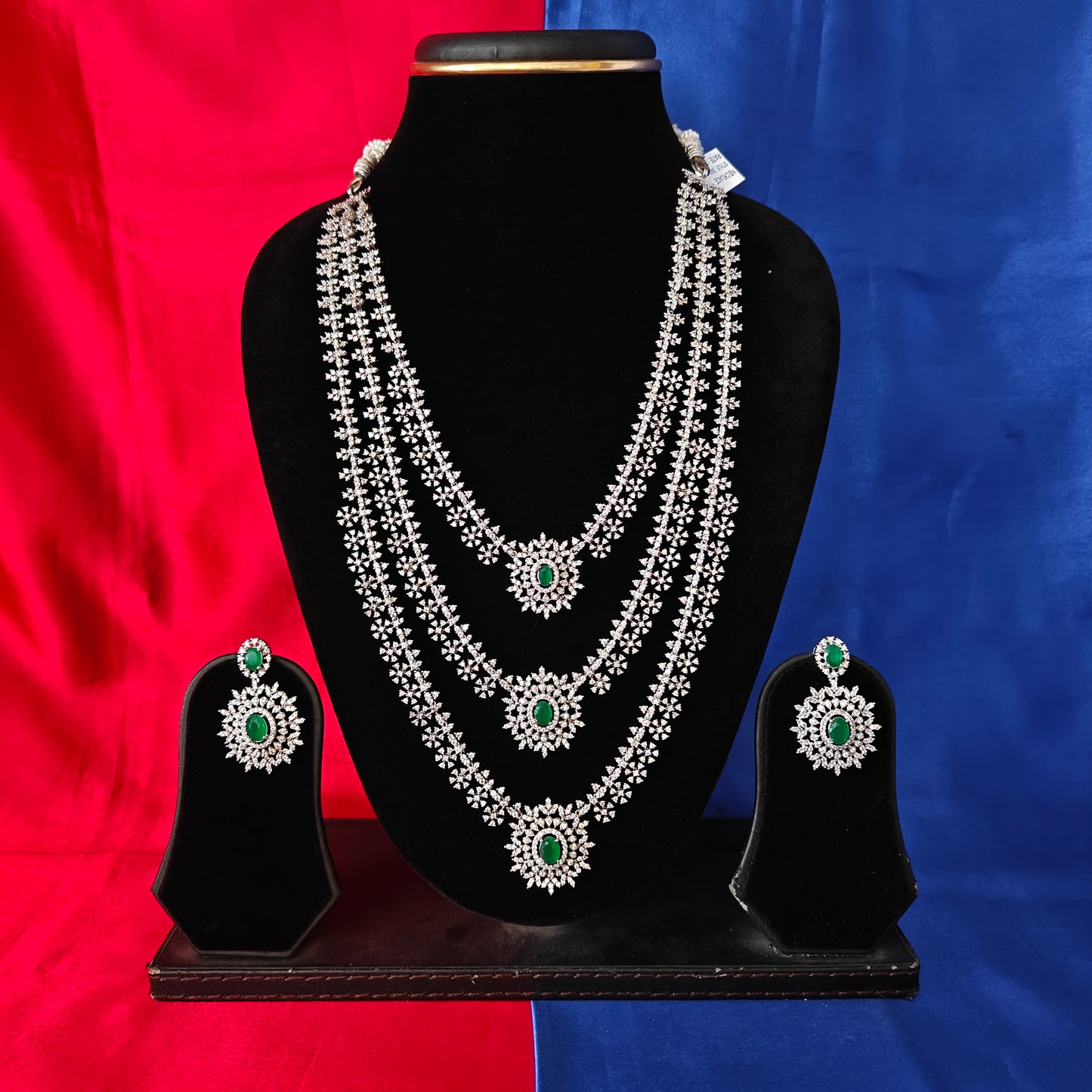 Beautiful Silver Layered Long Necklace In Green Stone