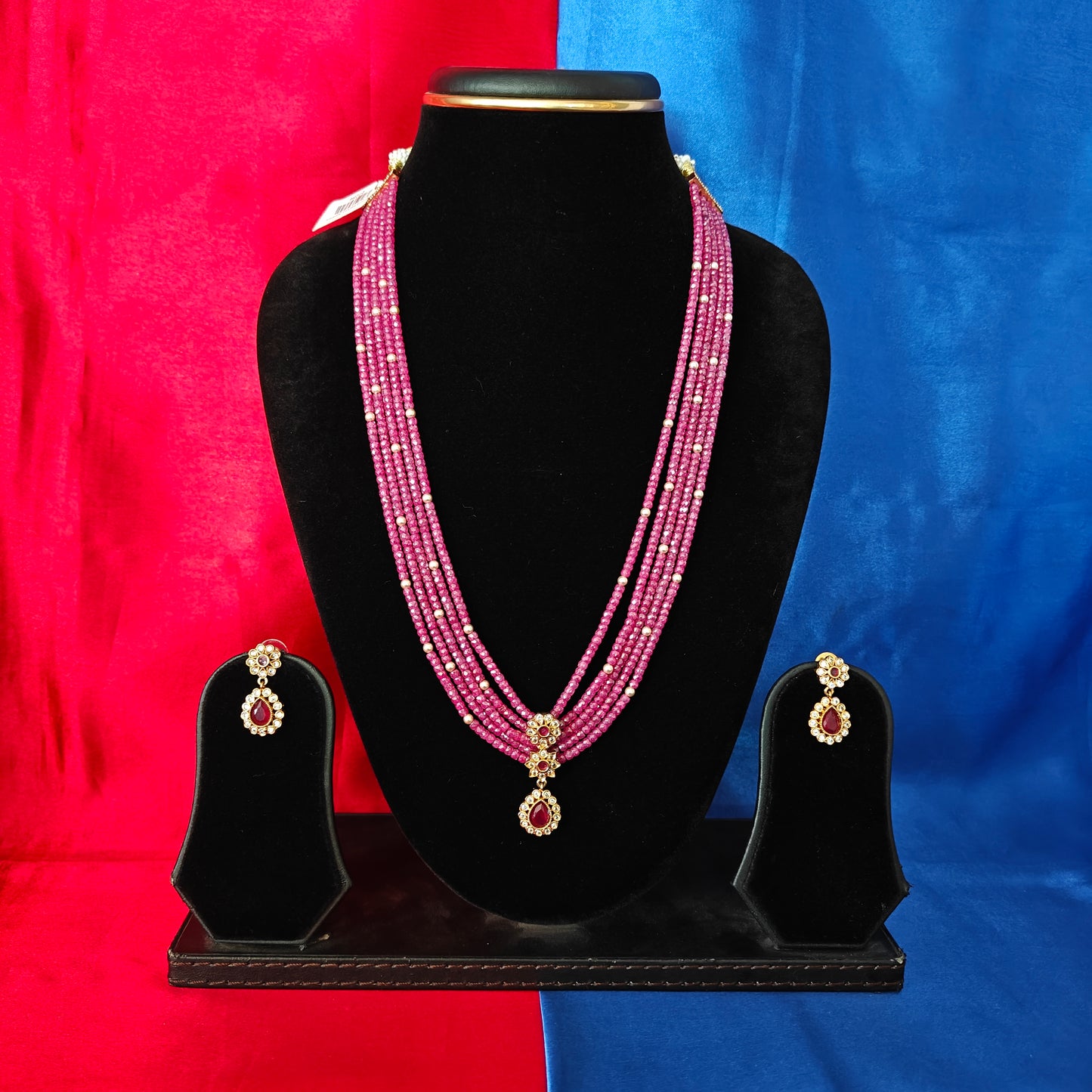 Beautiful Ruby Coloured Honex Mala With Earrings