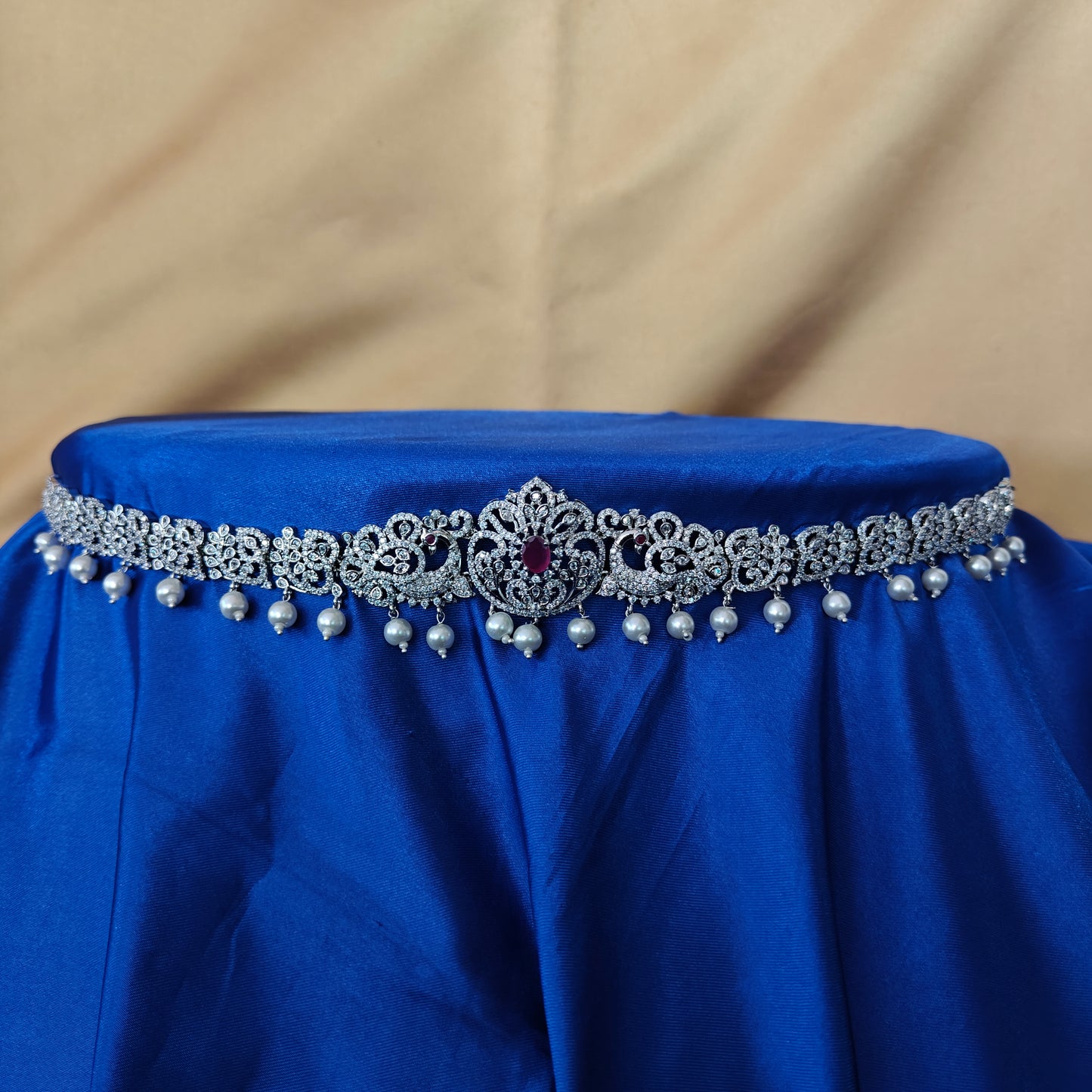 Beautiful Silver Chain Type Vaddanam In Ruby Stone