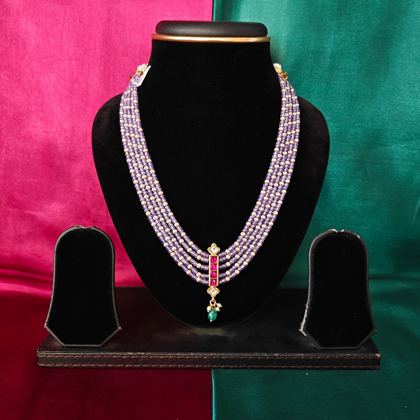 Beautiful Purple Coloured Honex Short Necklace In Ruby Stone With Green Beads - Ambica Wedding Mall