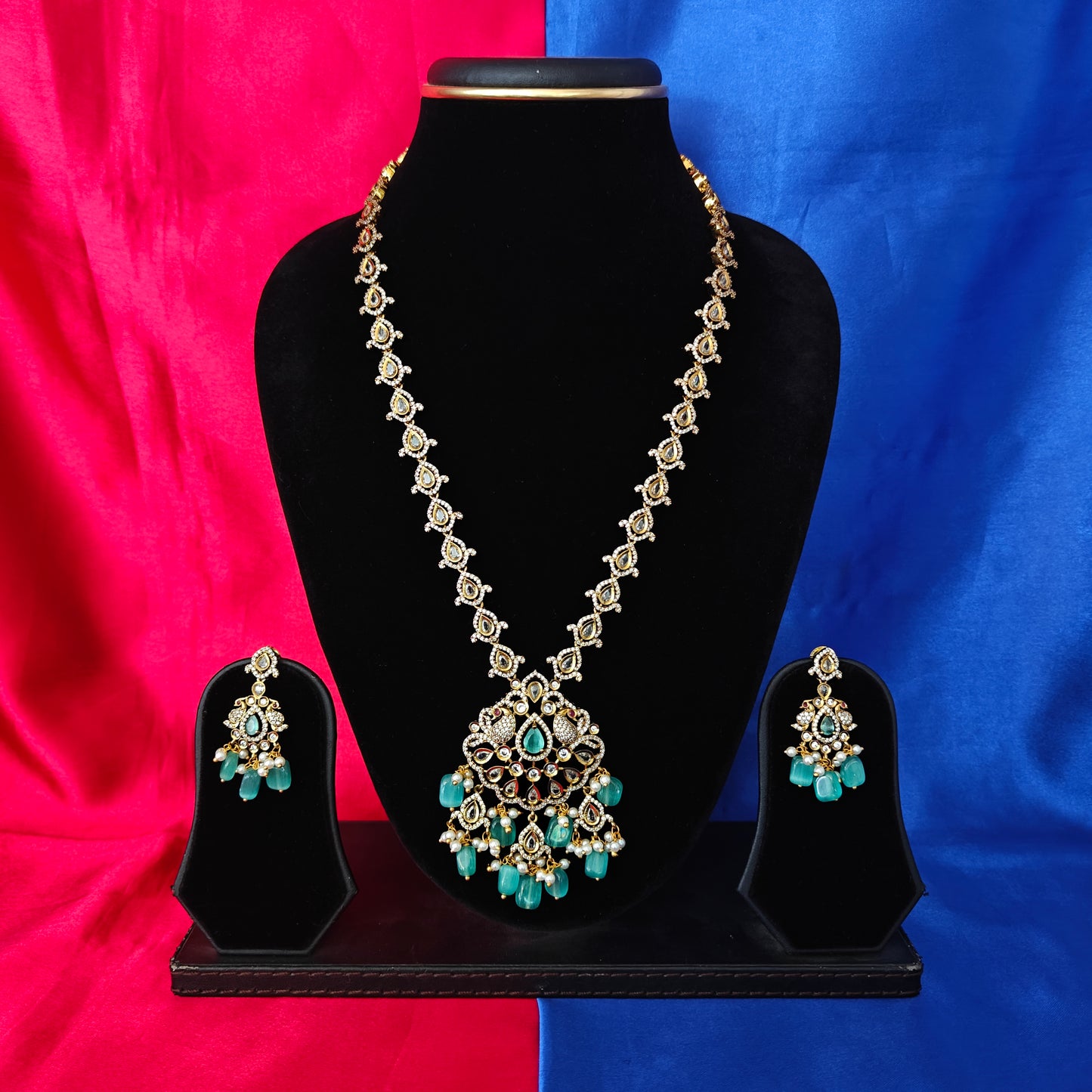 Elegant Victorian Long Necklace In Pista Green Beads