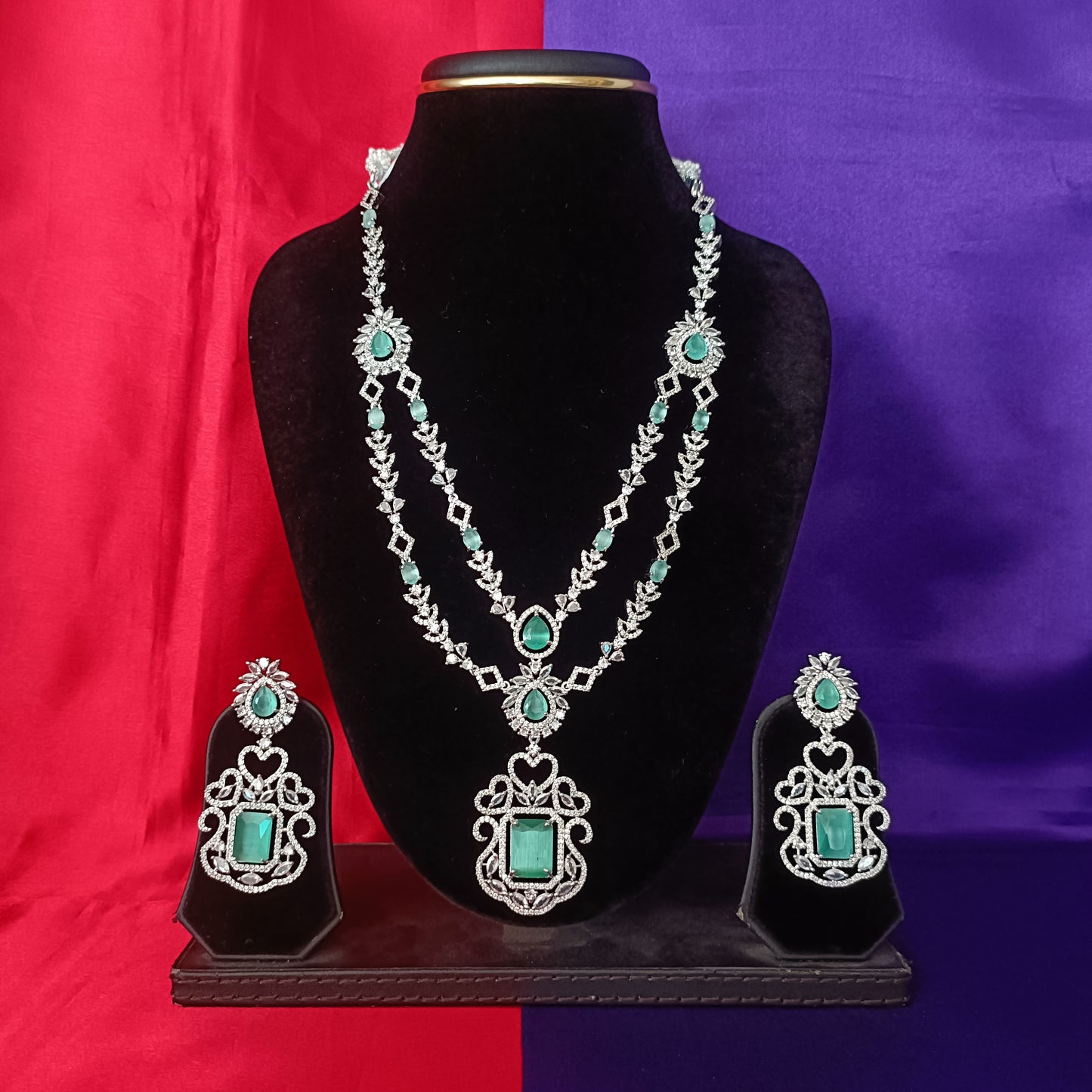 Elegant Silver Layered Long Necklace In Pista Green Stone