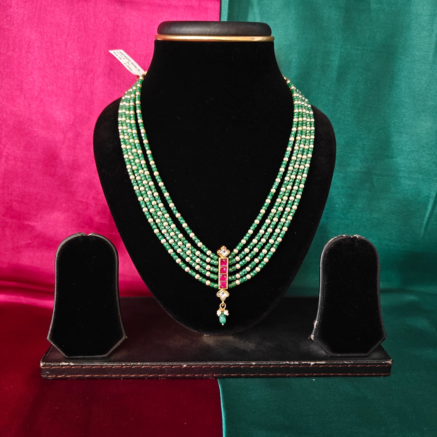 Beautiful Green Coloured Honex Short Necklace In Ruby Stone With Green Beads - Ambica Wedding Mall