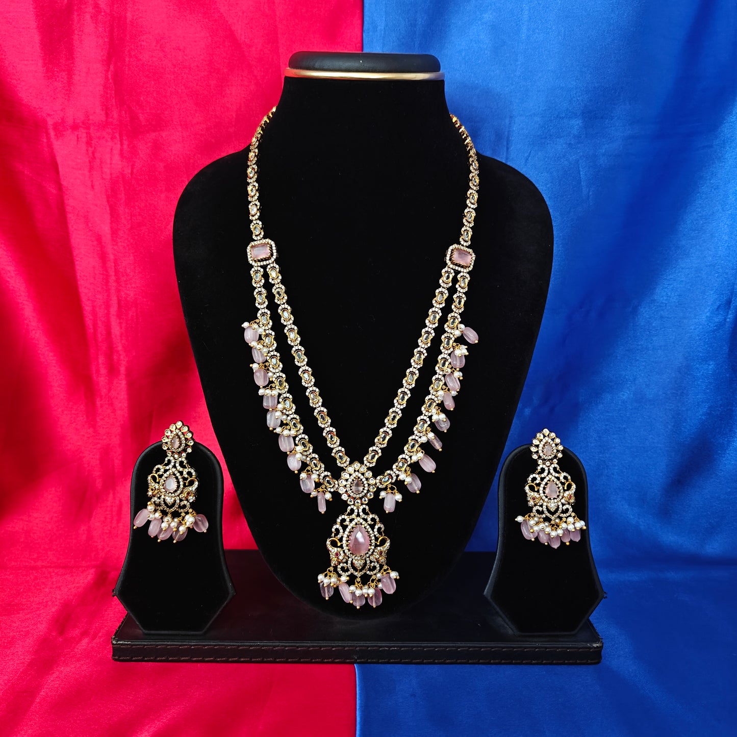 Elegant Victorian Layered Long Necklace In Baby Pink Beads