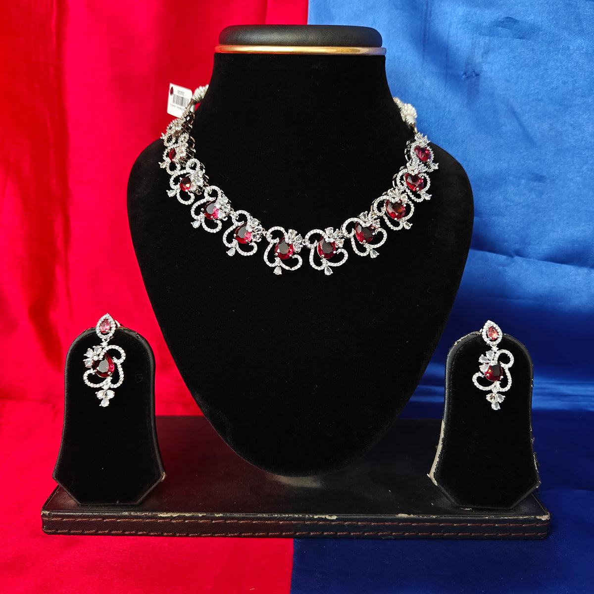 Elegant AD Short Necklace In Maroon Coloured Stone