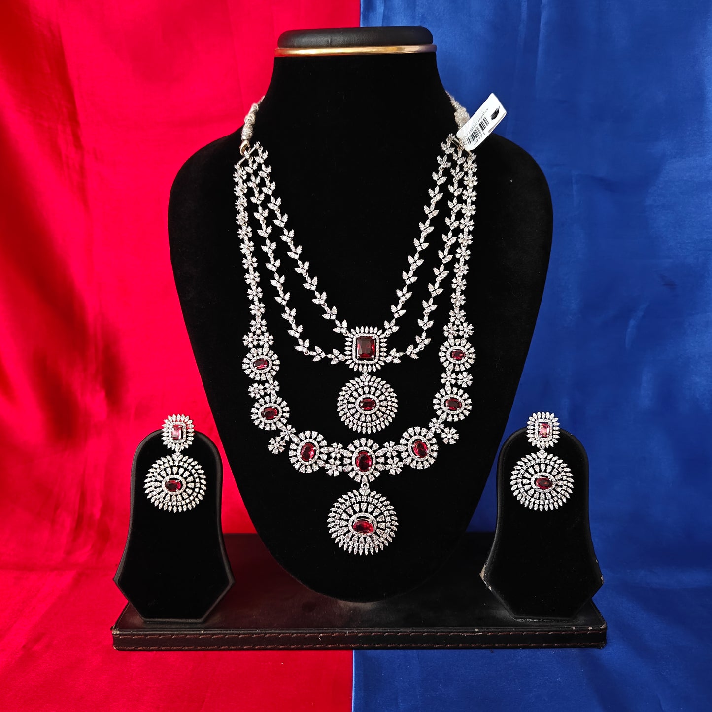 Beautiful Silver Layered Long Necklace In Red Stone
