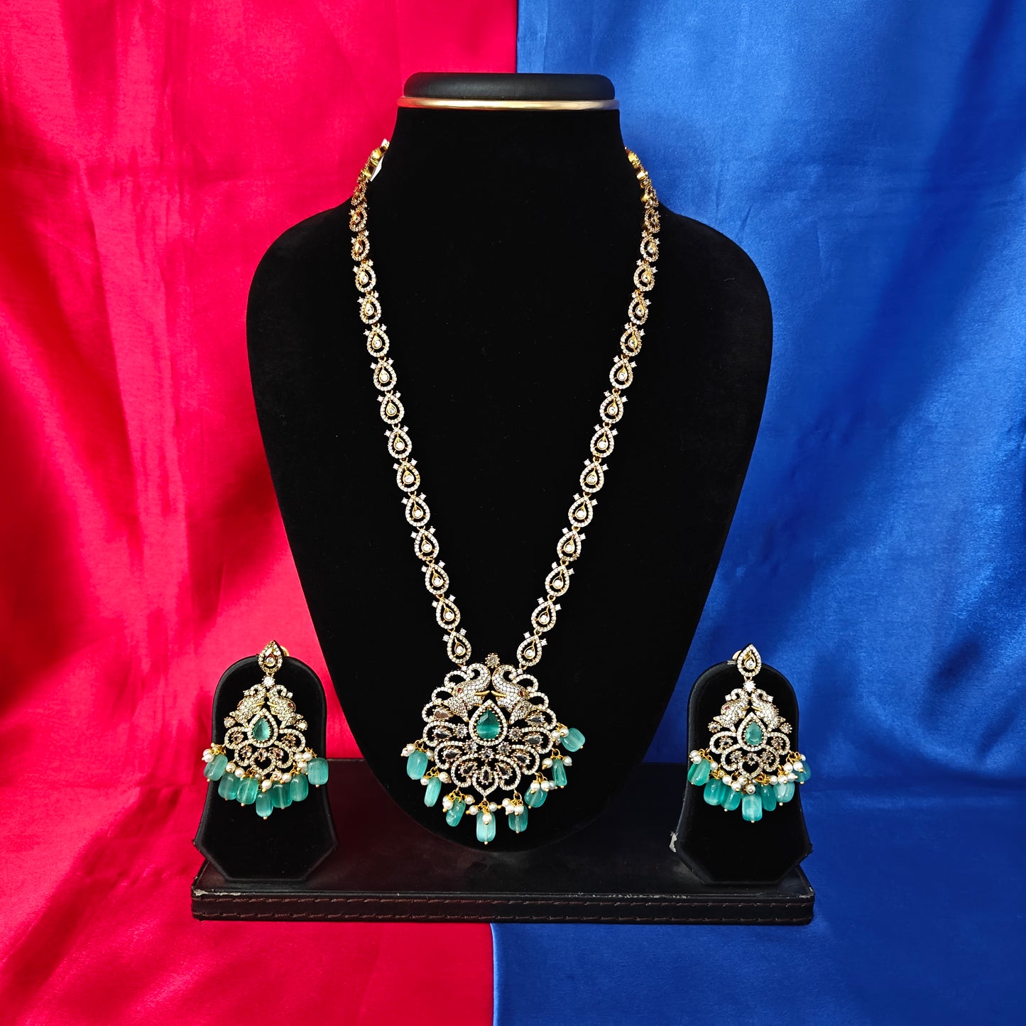 Elegant Victorian Long Necklace In Pista Green Beads