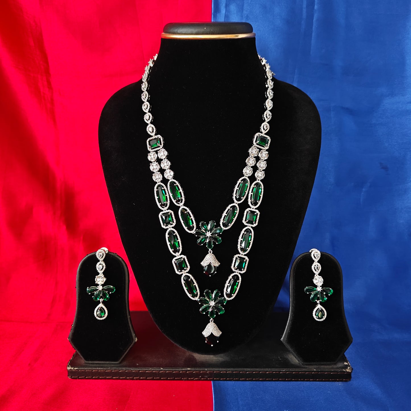 Beautiful Silver Layered Long Necklace In Green Stone