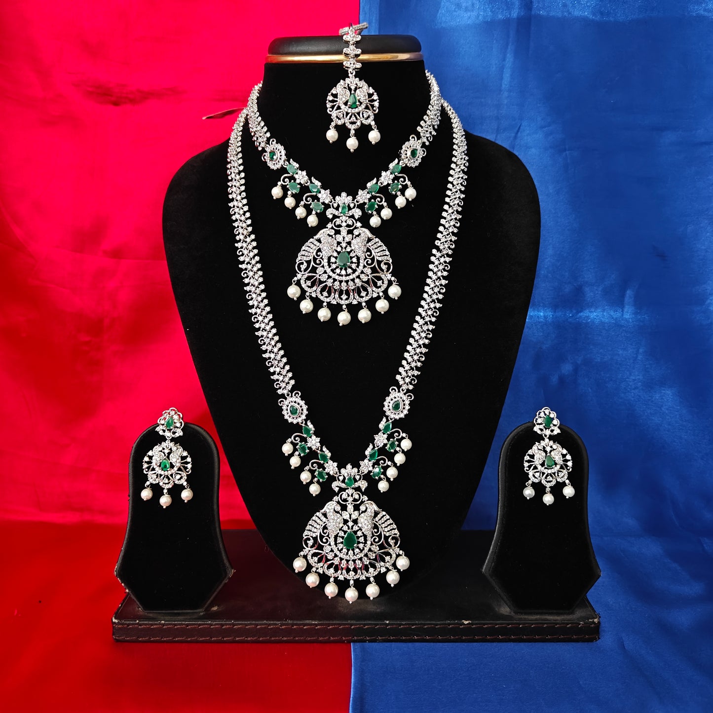 Beautiful Silver Combo Set In Green Stone