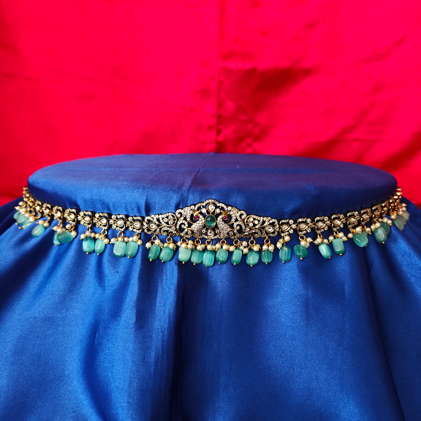 Beautiful Victorian Chain Type Vaddanam In Pista Green Beads