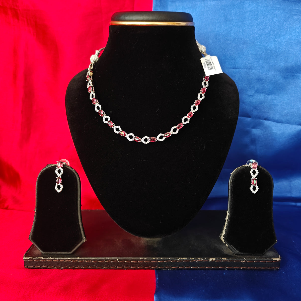 Elegant AD Short Necklace In Maroon Coloured Stone