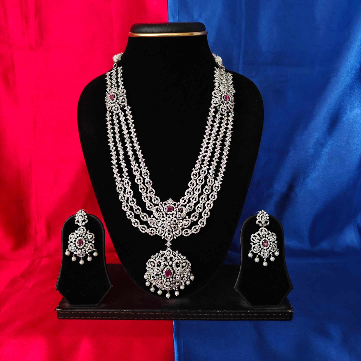 Elegant Silver Layered Long Necklace In Ruby Stone - Ambica Wedding Mall