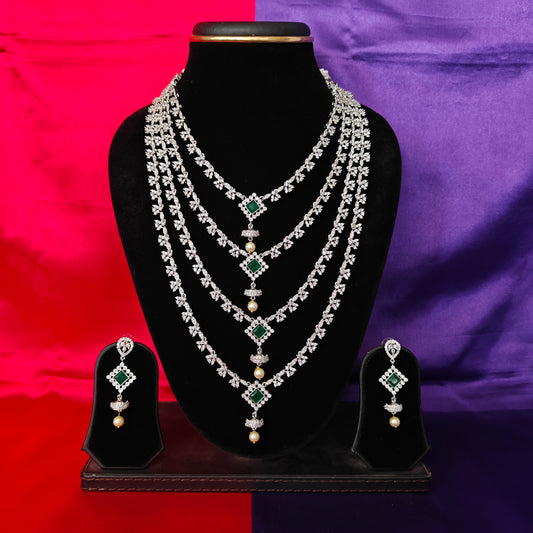 Beautiful Silver Layered Necklace In Green Stone