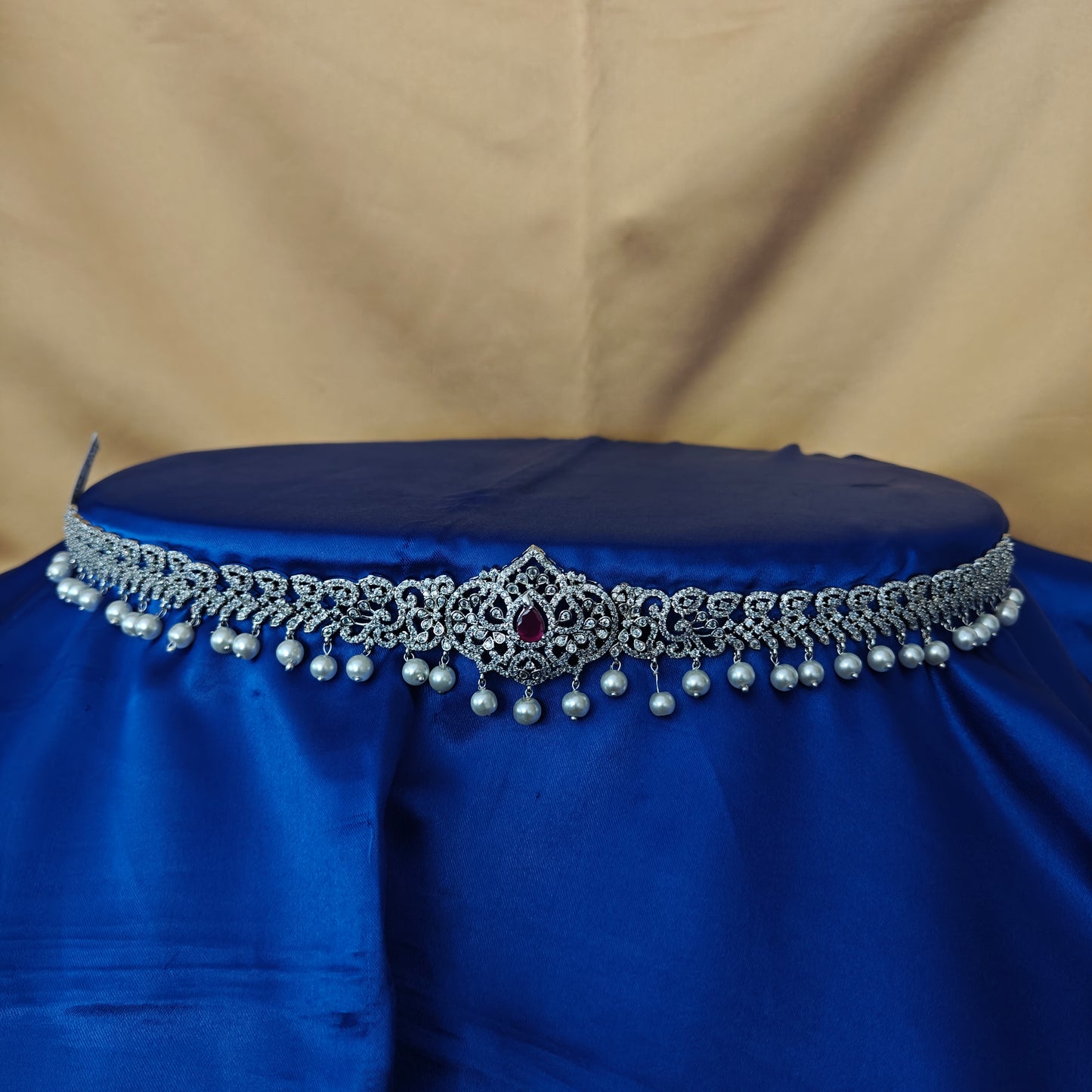 Beautiful Silver Chain Type Vaddanam In Ruby Stone