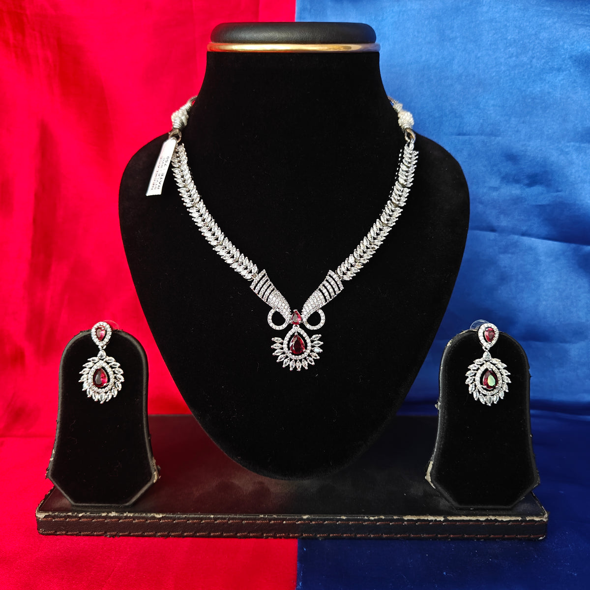 Elegant AD Short Necklace In Maroon Coloured Stone
