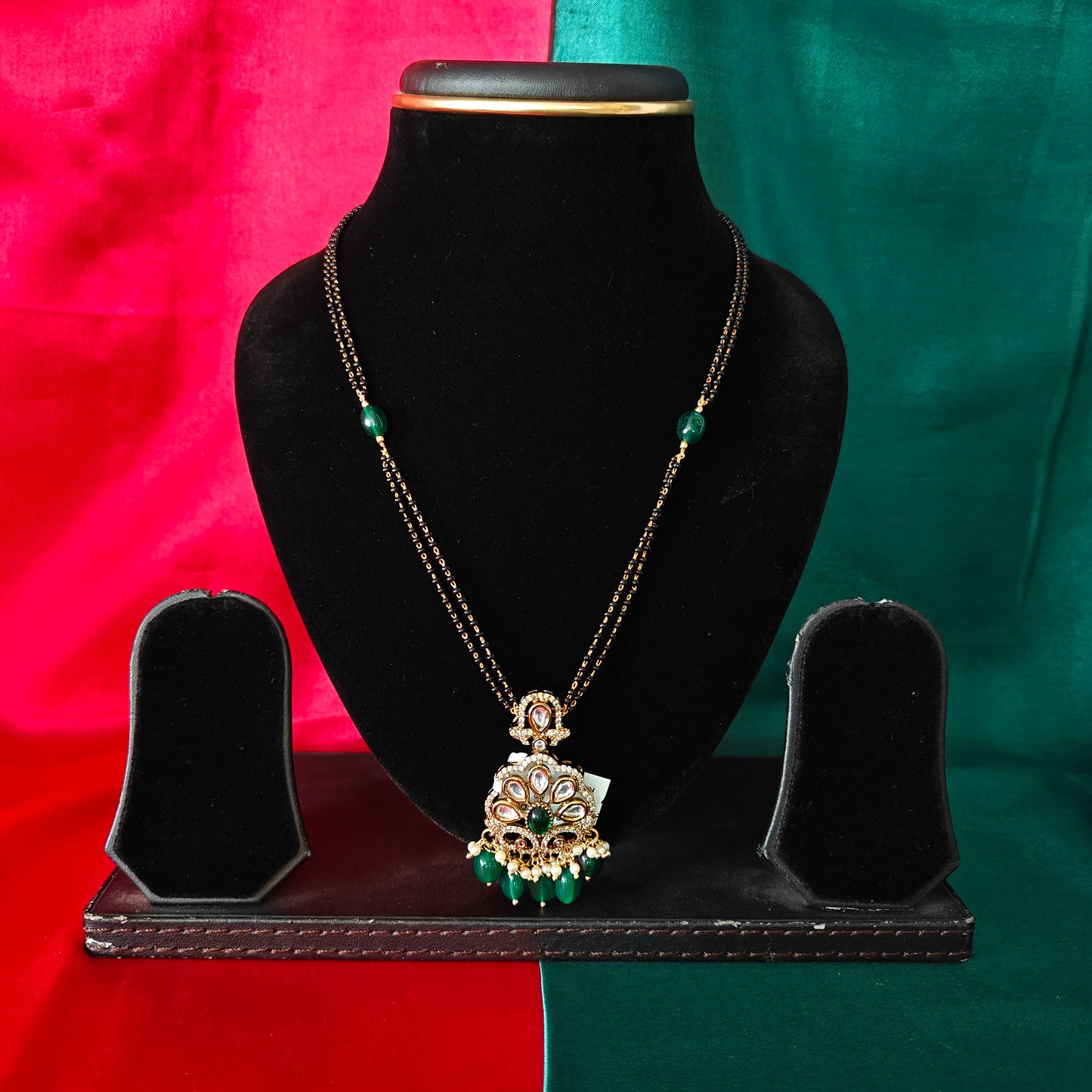 Beautiful Black Beads Short In Green Beads