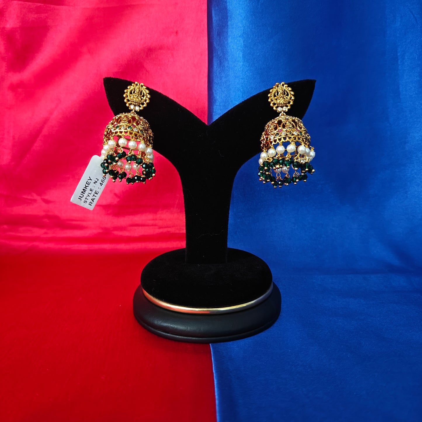 Beautiful Nakshi Jhumki In Green Crystal With Laxmi Idol