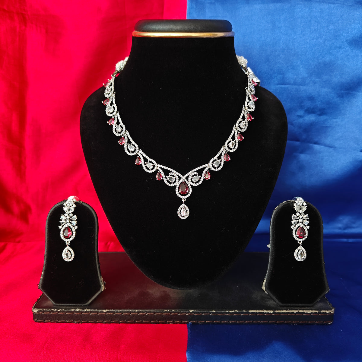 Elegant AD Short Necklace In Maroon Coloured Stone