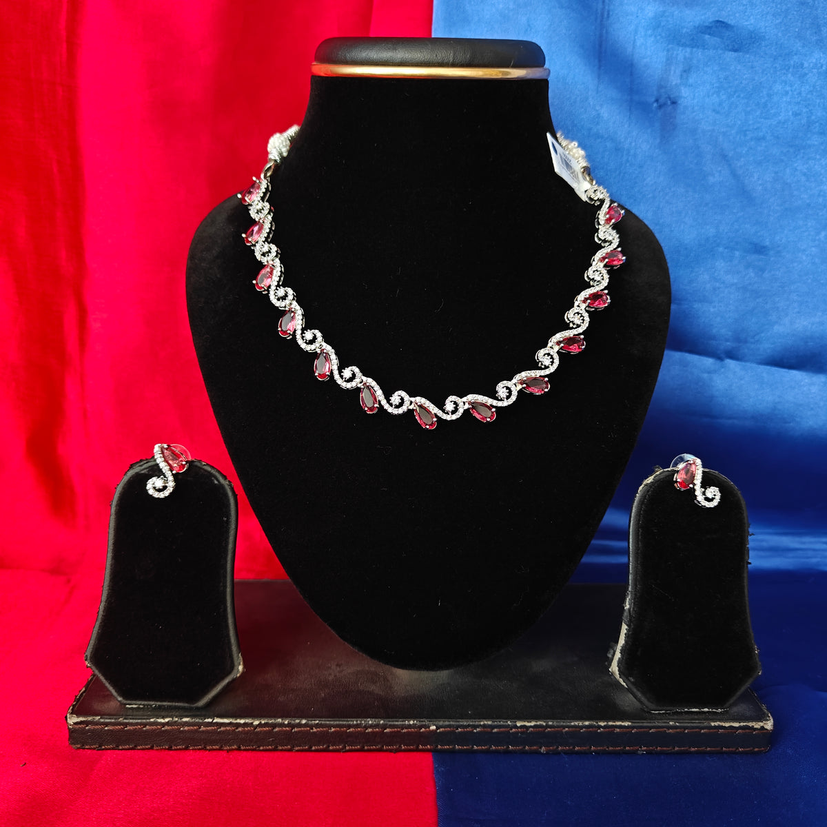 Elegant AD Short Necklace In Maroon Coloured Stone