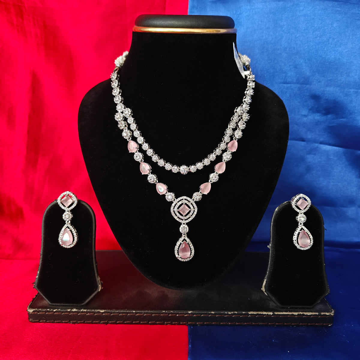 Elegant AD Layered Short Necklace In Baby Pink Coloured Stone