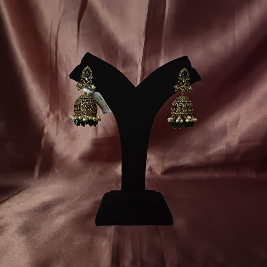 Elegant Victorian Jhumkas In Green Beads - Ambica Wedding Mall
