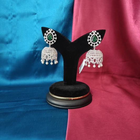 Elegant Silver Jhumki In Green Stone
