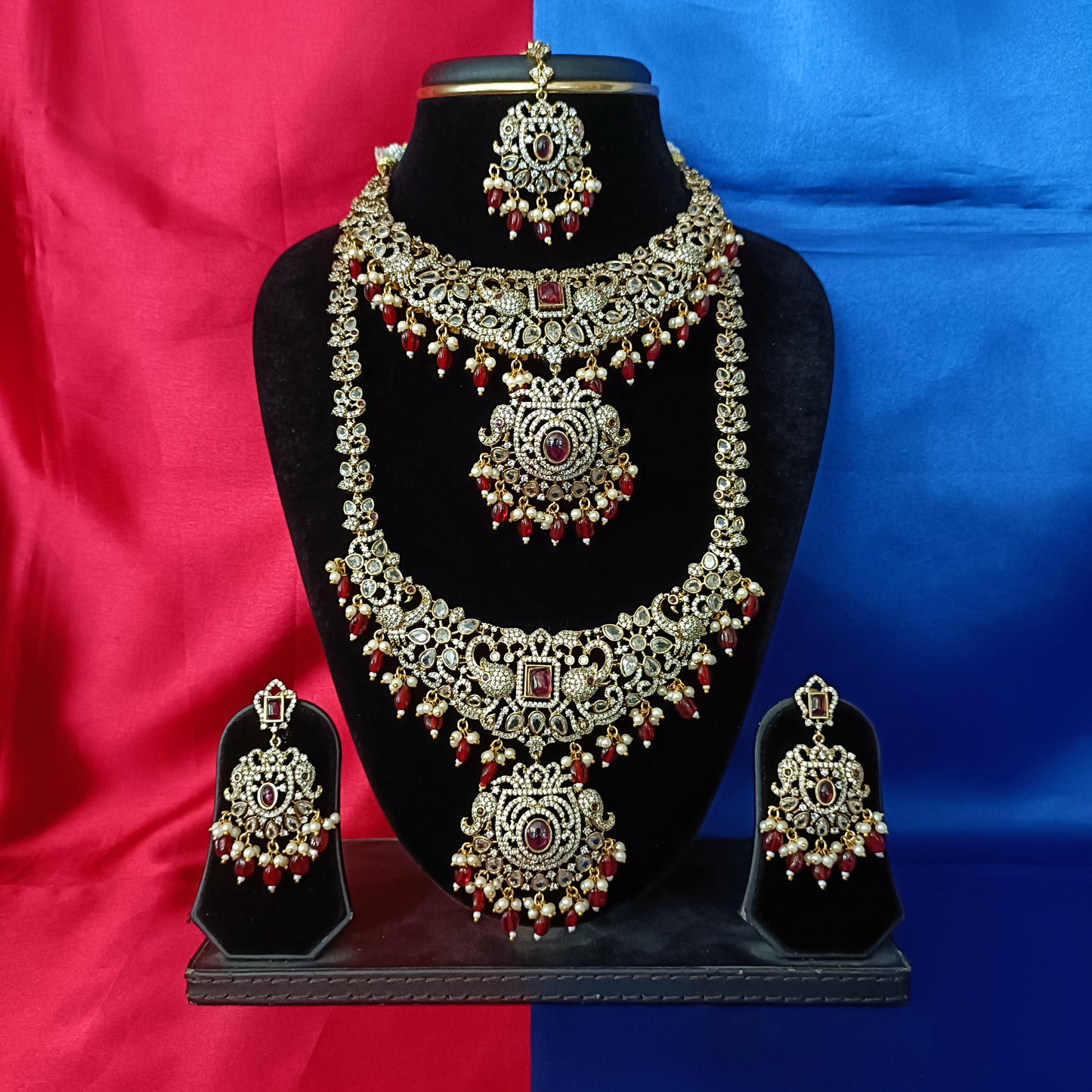 Elegant Victorian Bridal Combo Set In Maroon Beads