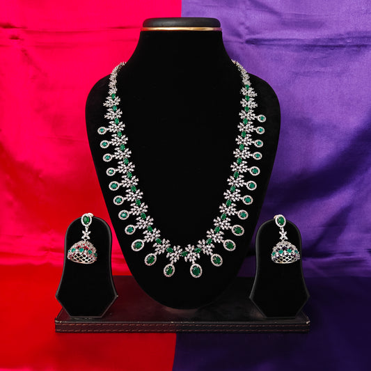 Beautiful Silver Long Necklace In Green Stone
