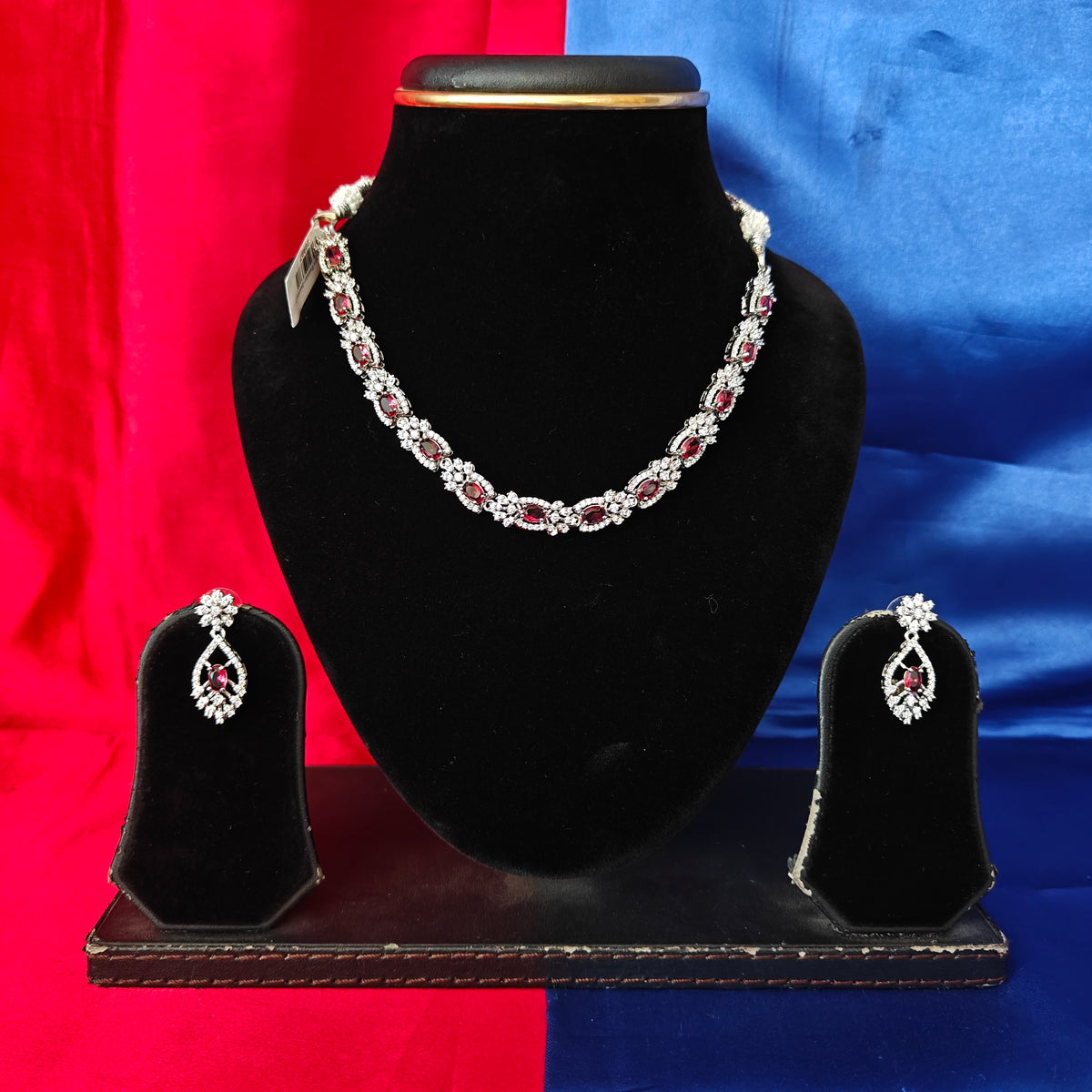 Elegant AD Short Necklace In Maroon Coloured Stone