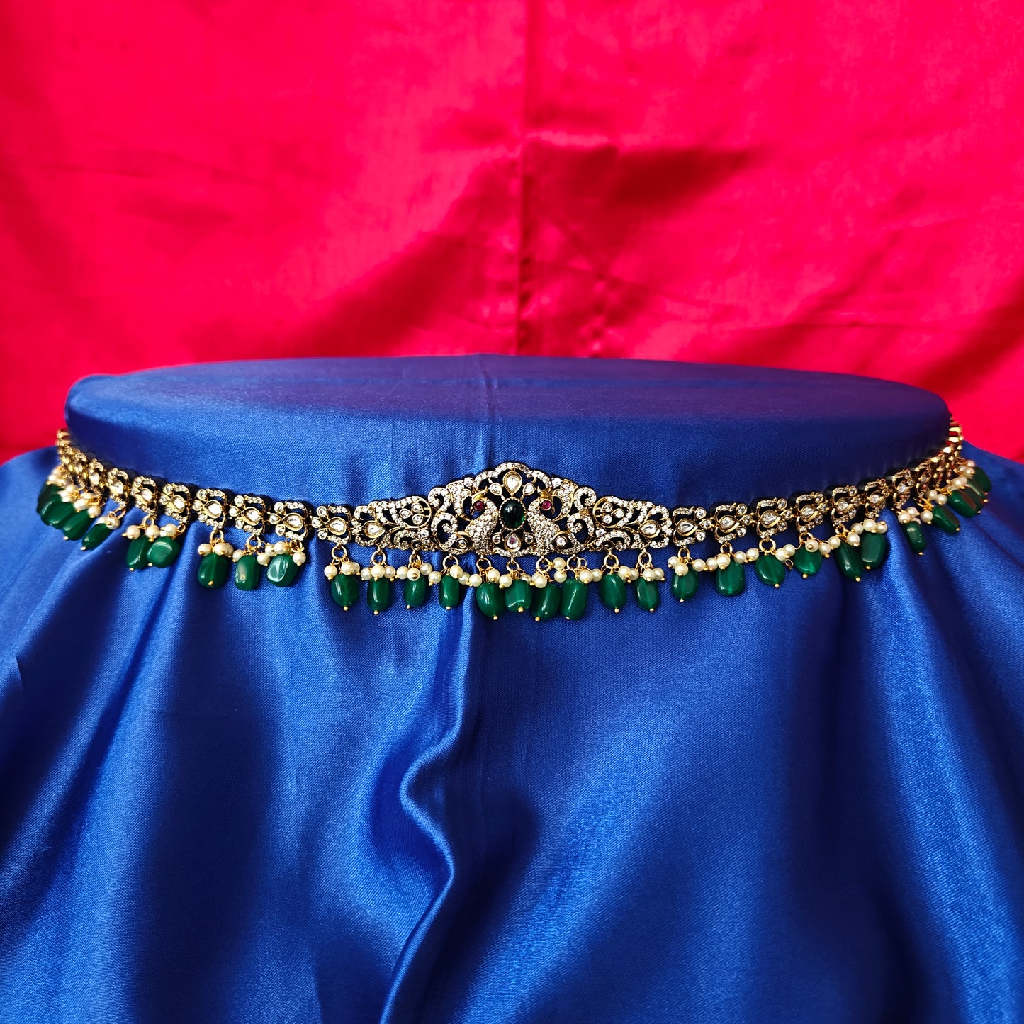 Beautiful Victorian Chain Type Vaddanam In Green Beads