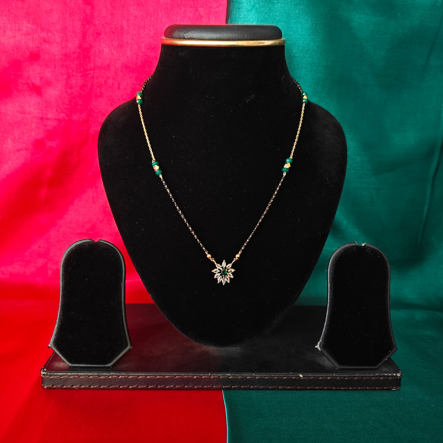 Beautiful Simple Black Beads Short In Green Stone