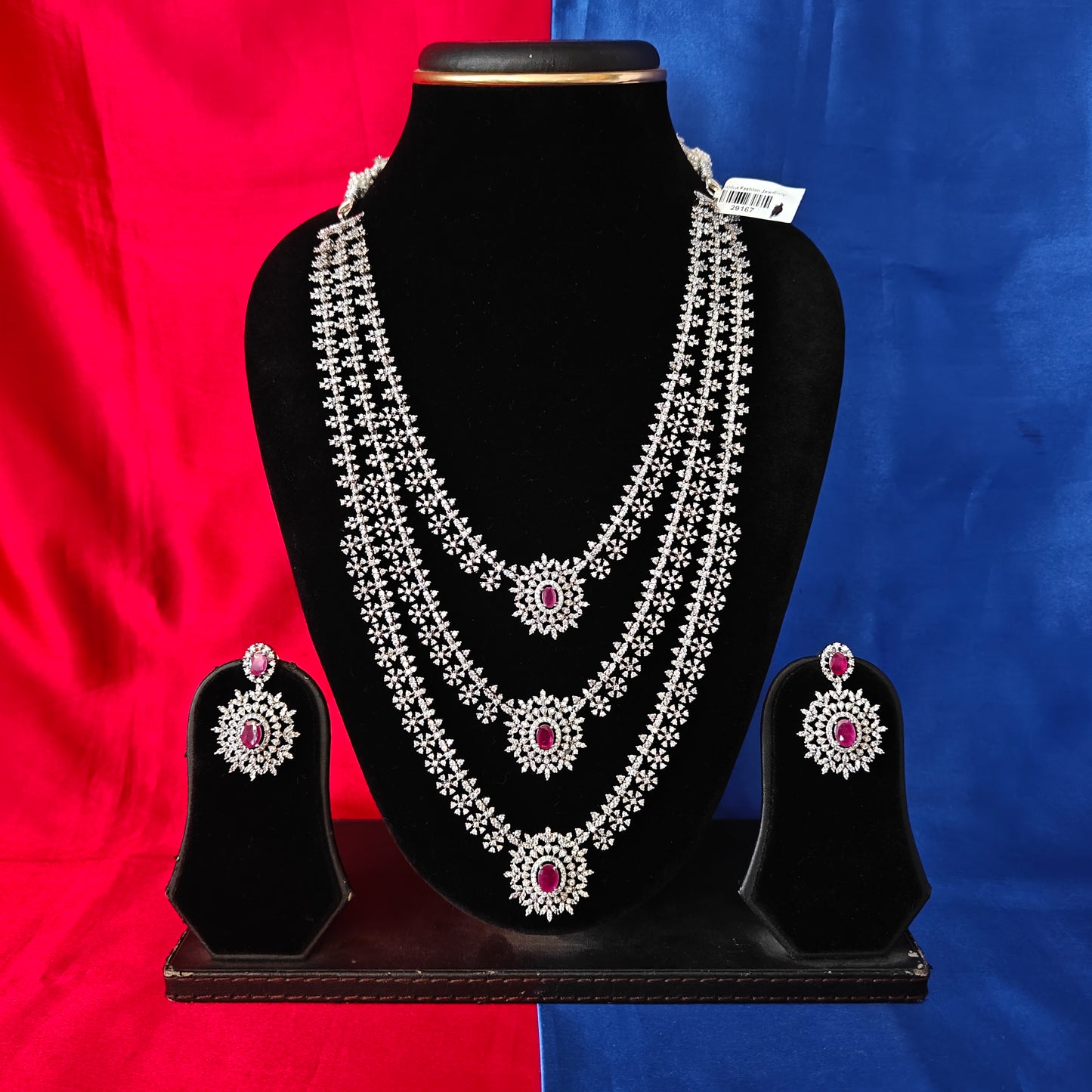 Beautiful Silver Layered Long Necklace In Ruby Stone