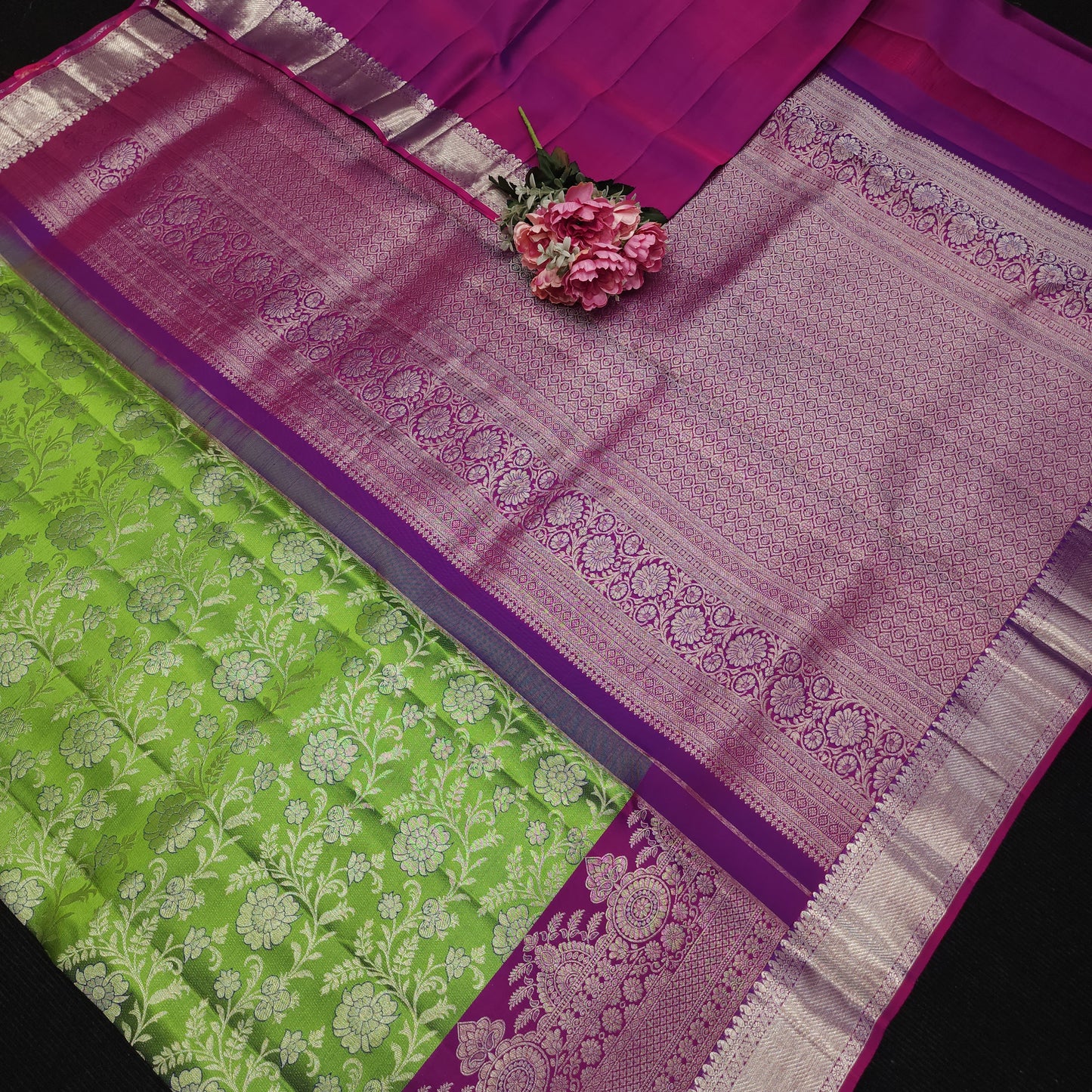 Handloom Pure Resham German Silver Zari Kanchi Pattu Saree